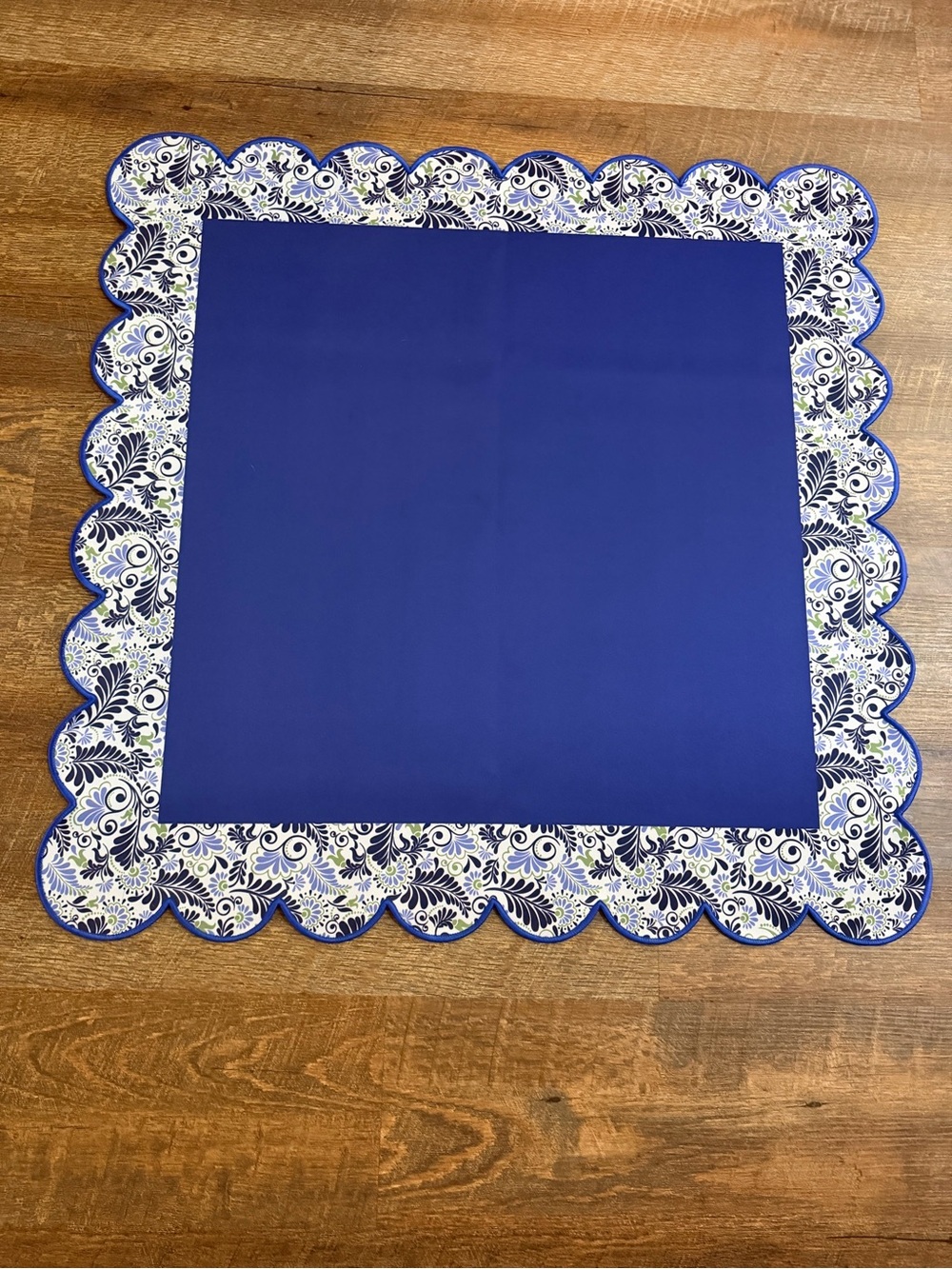 Blue and olive scalloped  mahjong mat 31” build your tablescape!